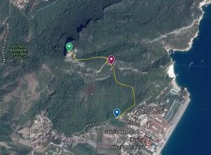 Карта пешеходного маршрута из посёлка Кириш на гору с турецким флагом в парке Бейдаглары Сахили